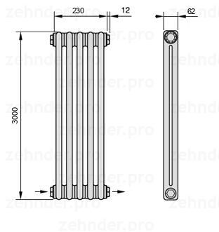 Схема (чертеж) Радиатор Zehnder Charleston 2300/5 №2670 Белый глянцевый RAL 9016